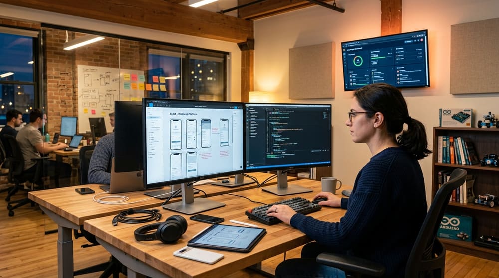 A learner building a project at a workstation