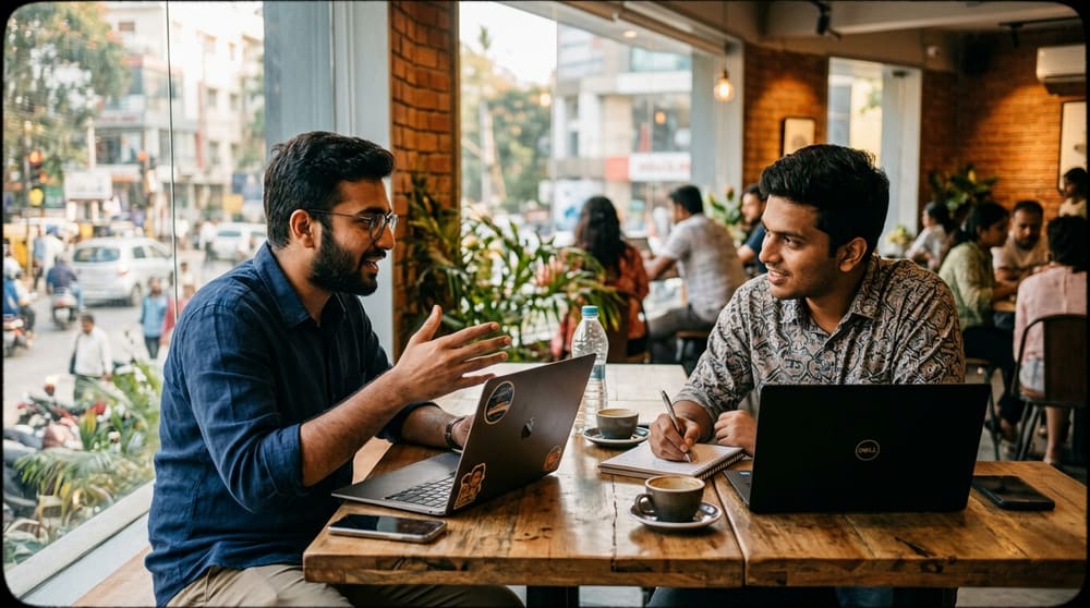 A mentor guiding a student through their work at a laptop