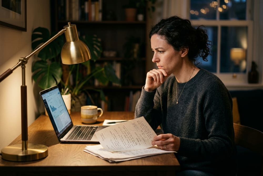 Reviewing a resume and profile at a laptop