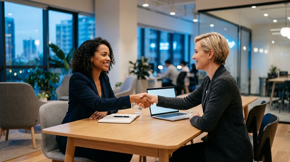 A candidate shaking hands with an interviewer